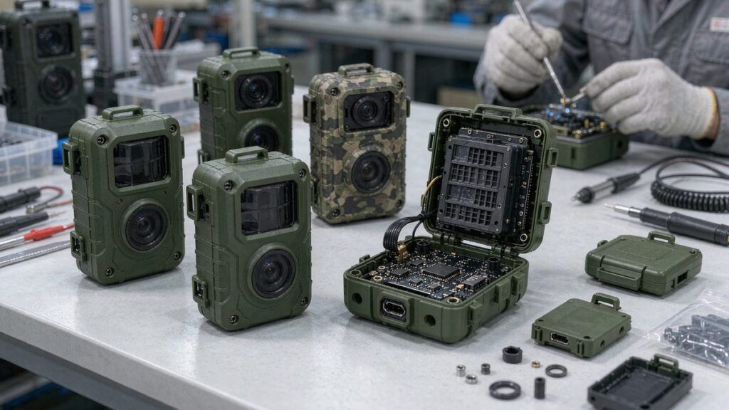 Trail cameras on inspection bench in Grand Vision factory