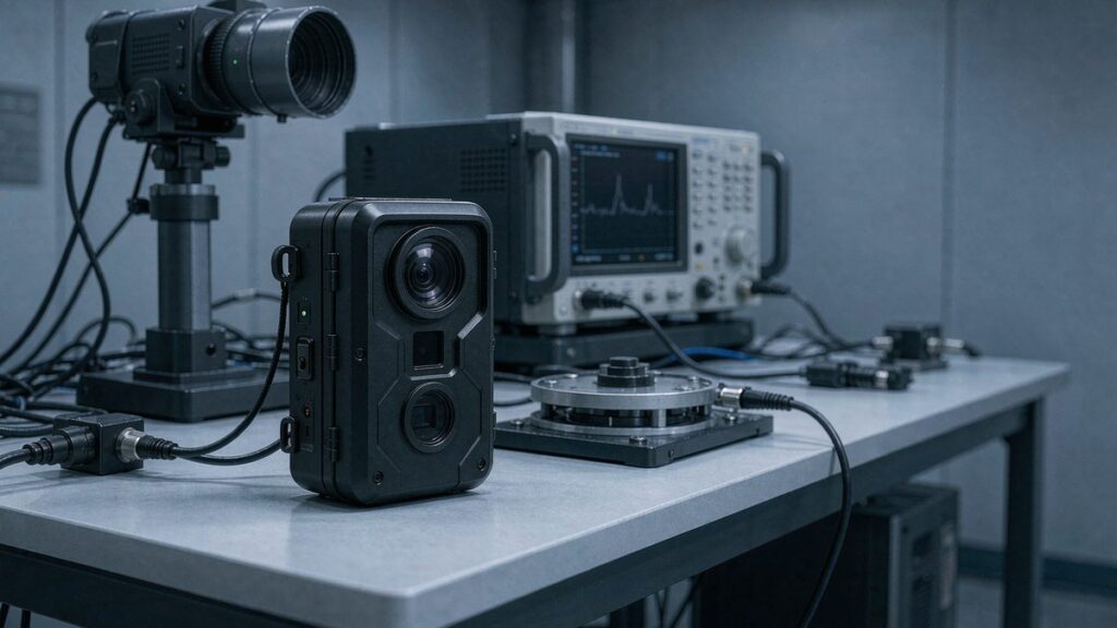 Trail camera on RF test bench in EMC laboratory